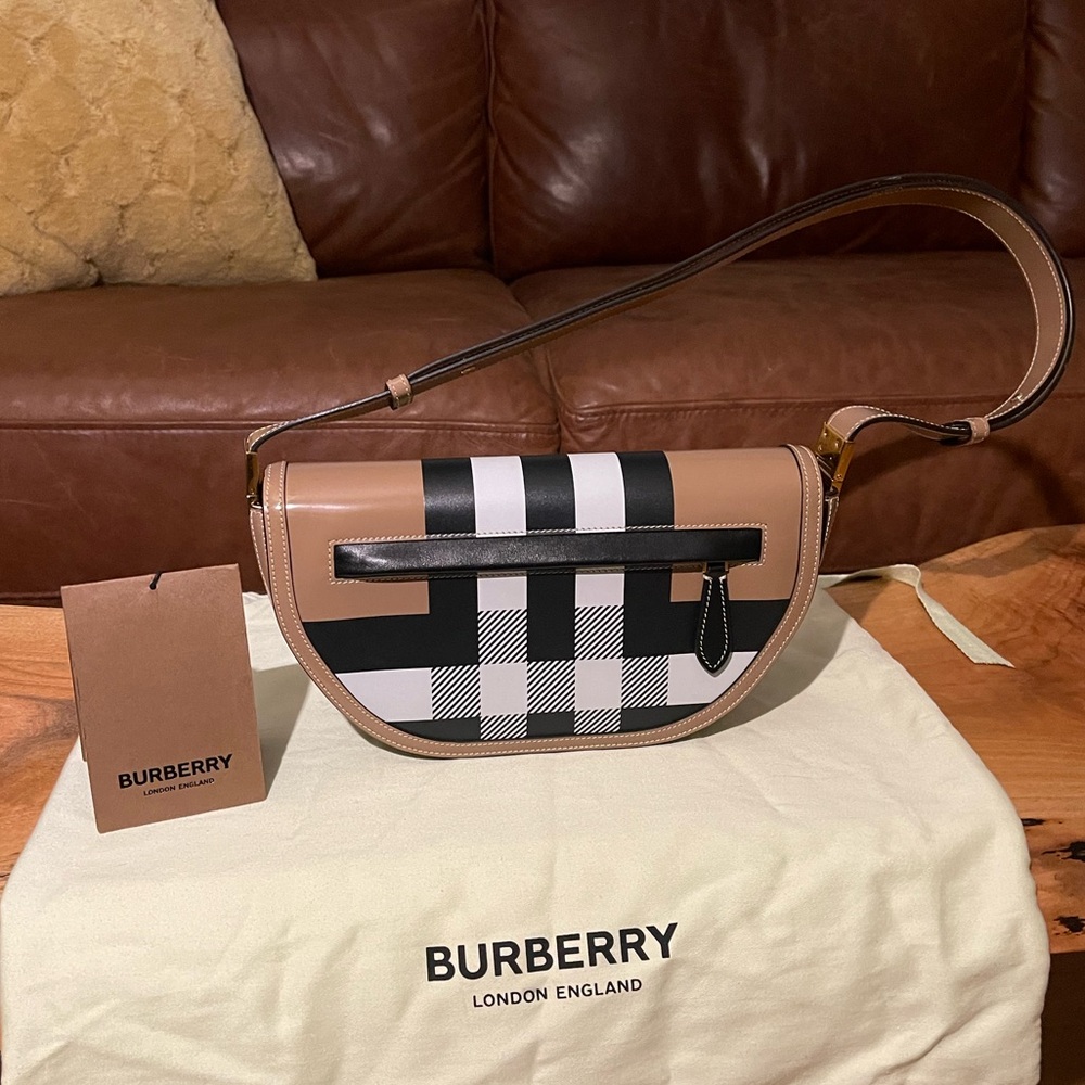 Burberry Olympia Small Leather Shoulder Bag – Beige Check, Gently Used